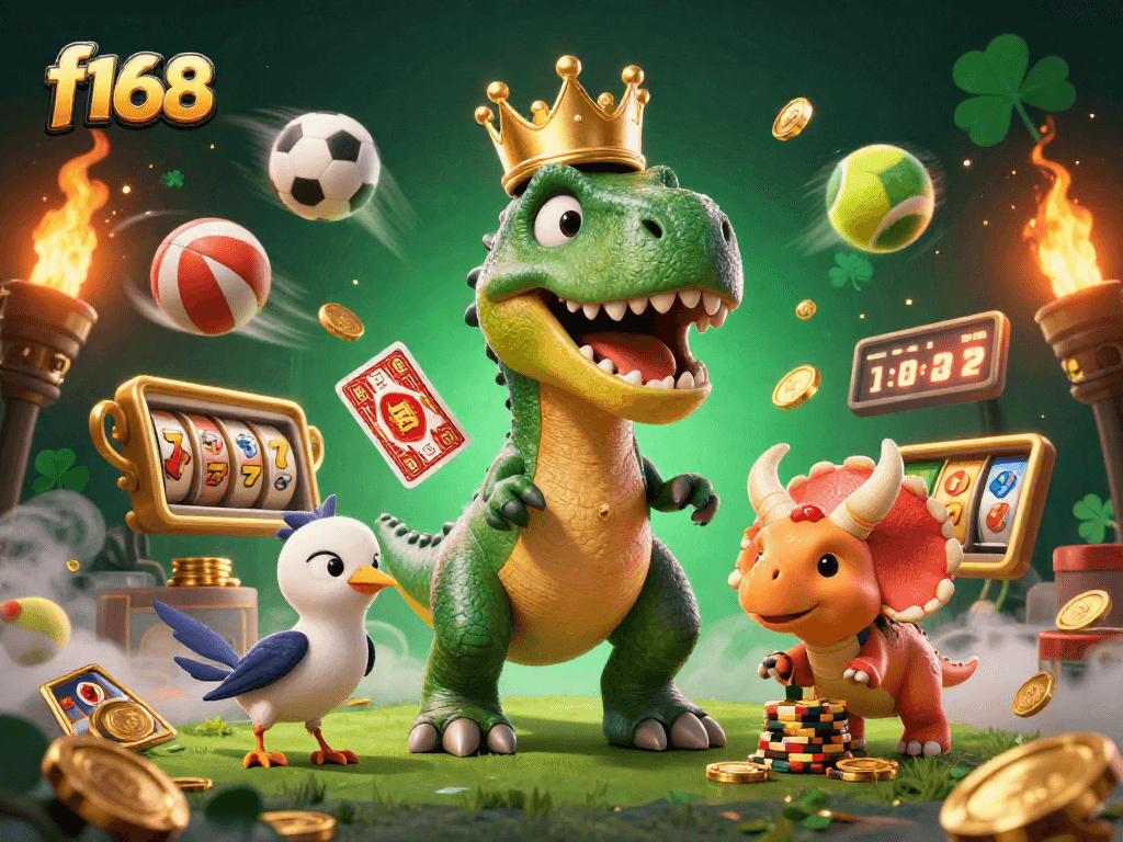 Engage with exciting f168 gaming action as T-Rex plays cards and wins big with friends!