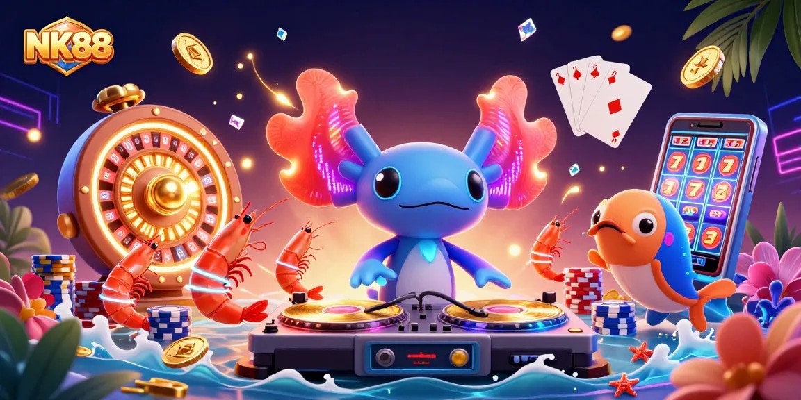 Experience NK88's vibrant casino scene with a DJ axolotl and lively game elements.