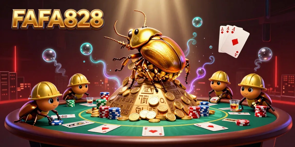 Engage with FAFA828 through an exciting 3D casino illustration showcasing golden beetles and poker elements.