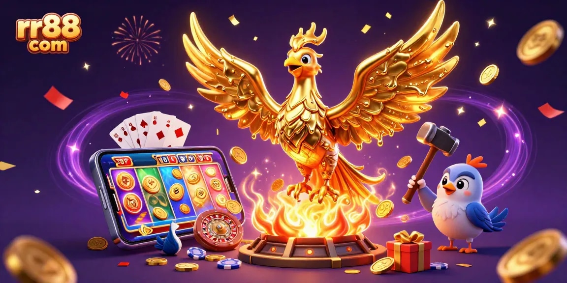 Experience winning moments at rr88 com with a stunning golden phoenix and exciting gaming elements.