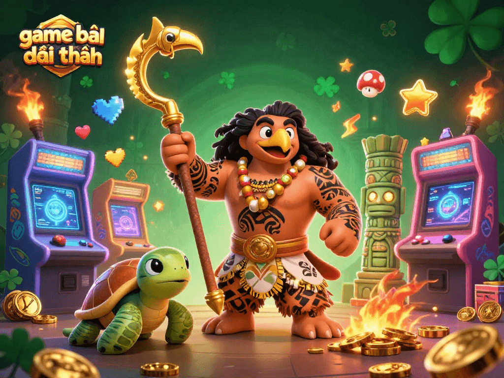 Play game bài đổi thưởng with vibrant characters and casino elements in this dynamic illustration.