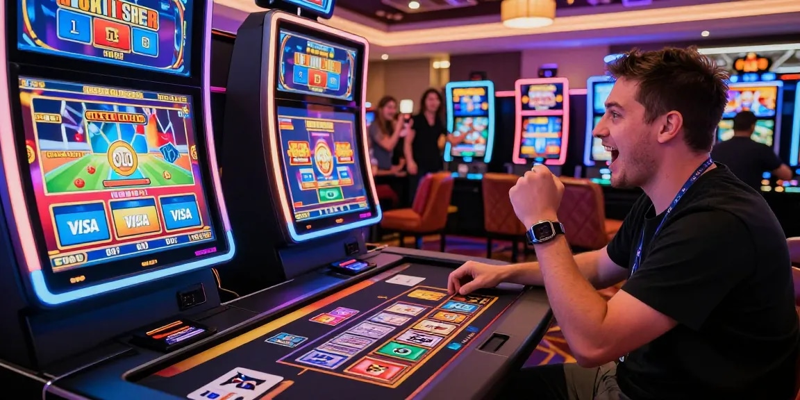Engaged player enjoying credit card slots at an online casino with Visa and Mastercard options visible.