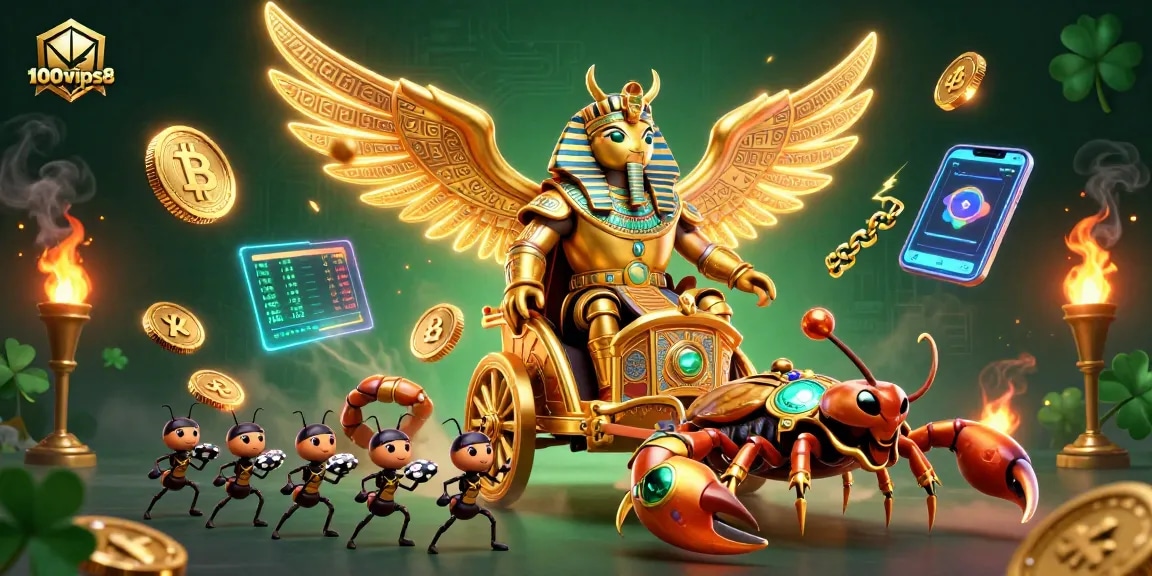 Experience thrilling gaming action with 100vips8’s golden beetle and scorpion chariot!