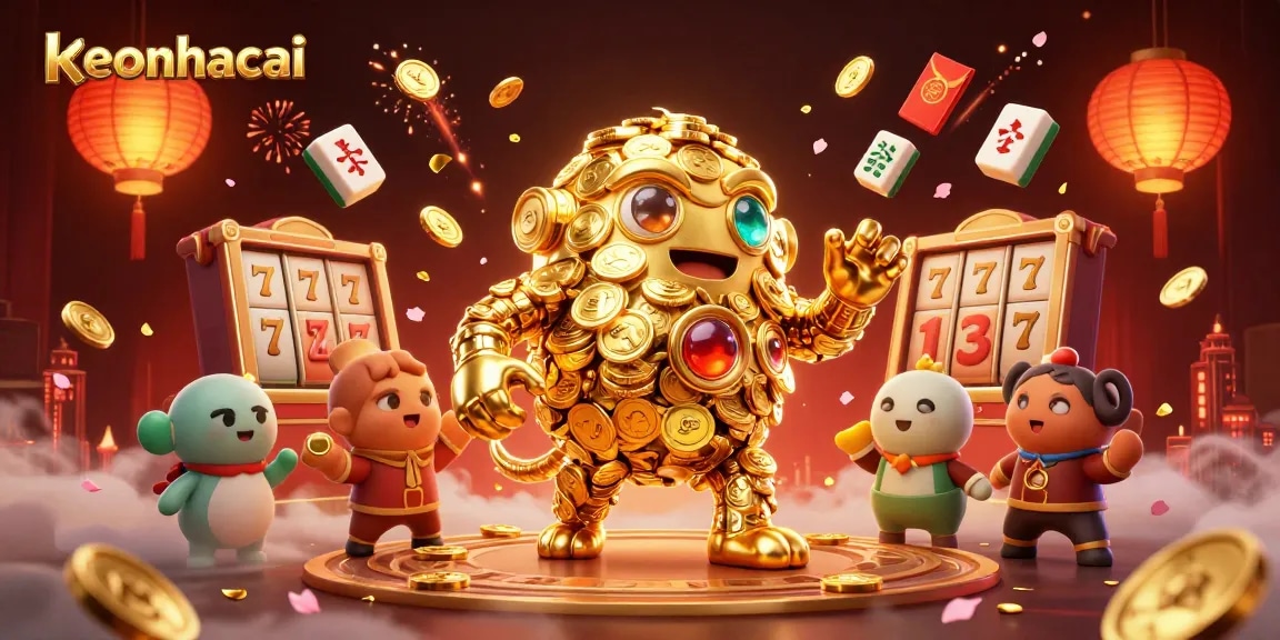 Engage with the keonhacai scene featuring a golden golem surrounded by exciting slot elements