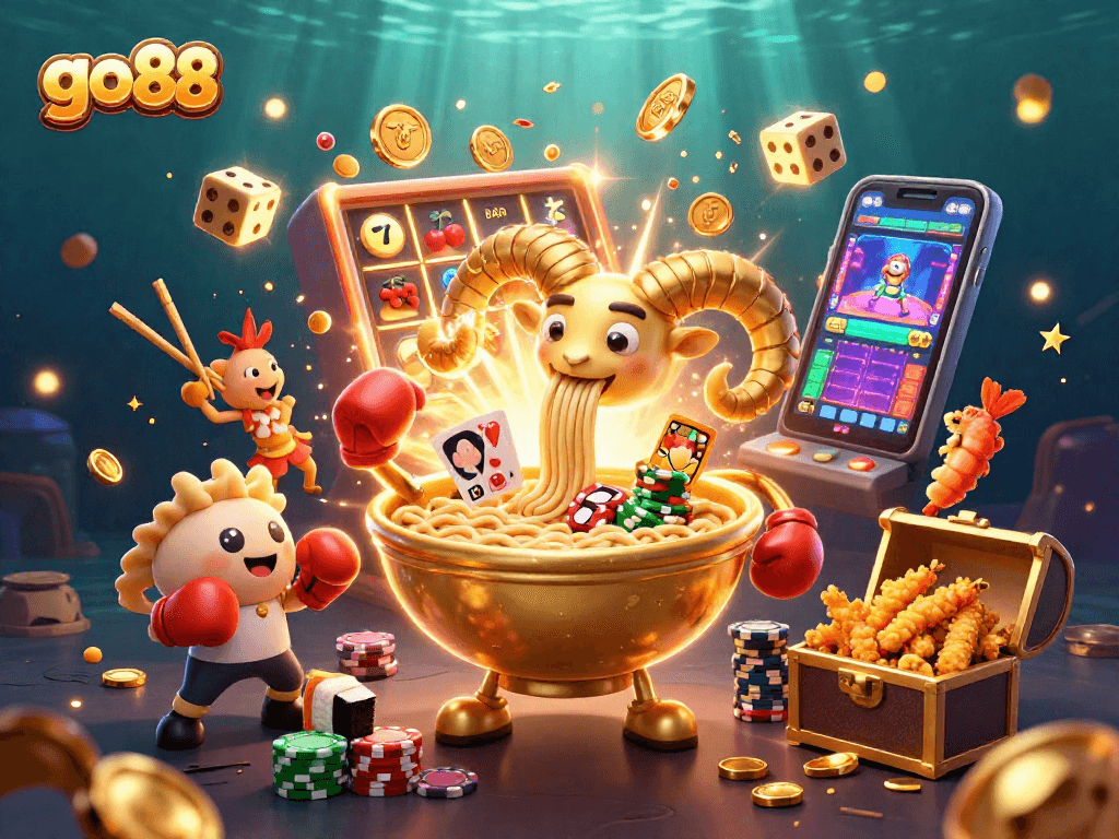 Join the vibrant action at go 88 with a golden ramen bowl dealer amidst a jackpot explosion.