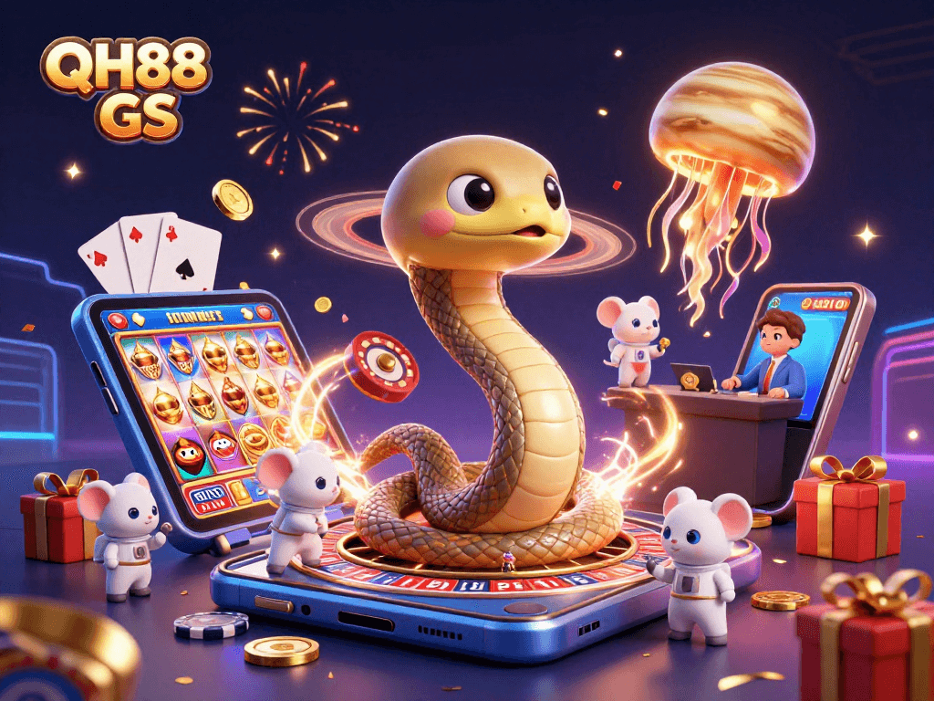 Engage with QH88 GS's vibrant cosmic casino scene featuring unique characters and gaming elements.