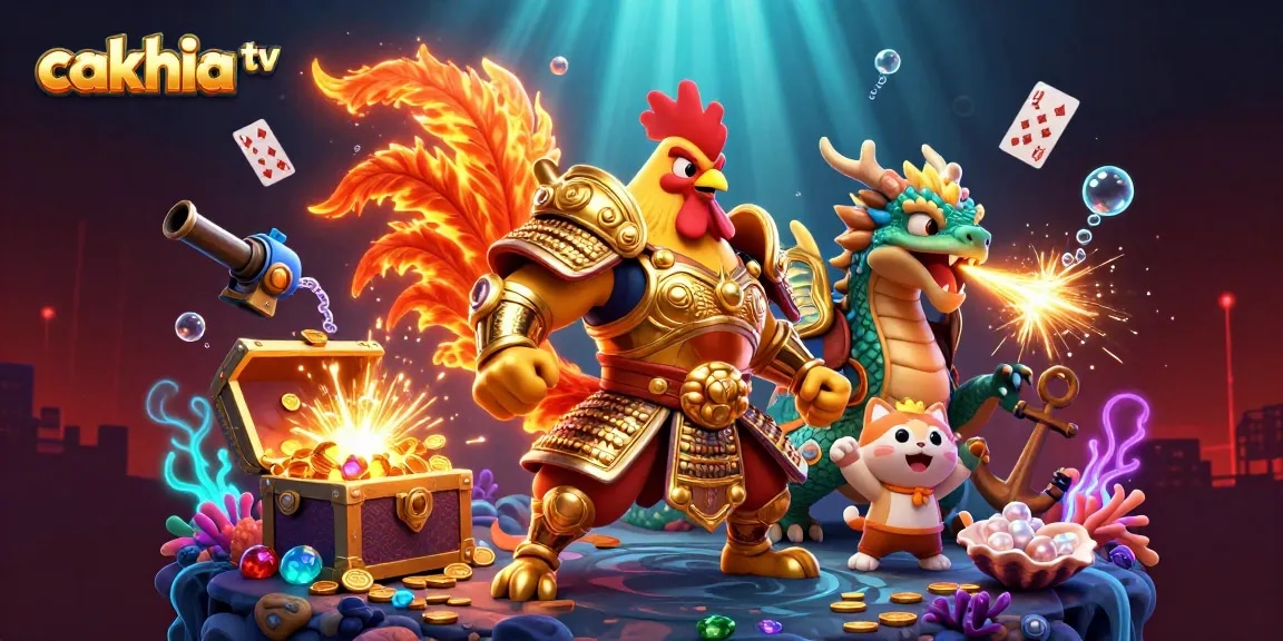 Cakhia TV showcases vibrant cartoon warriors while gambling, surrounded by treasures and dynamic casino elements.