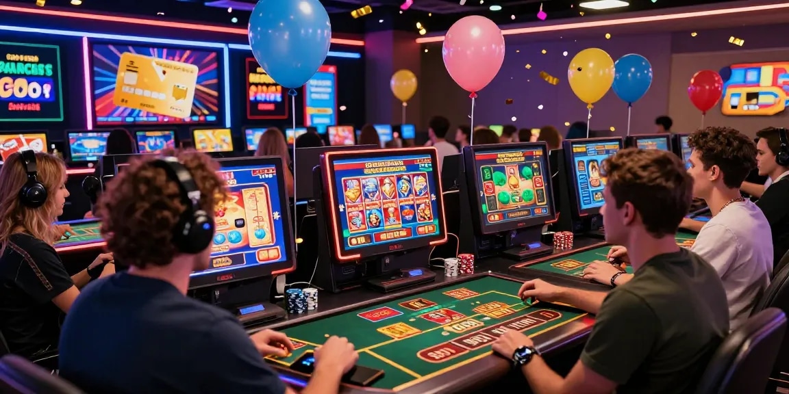 Exciting scene of players engaging at credit card casinos uk, celebrating wins with cards and chips.