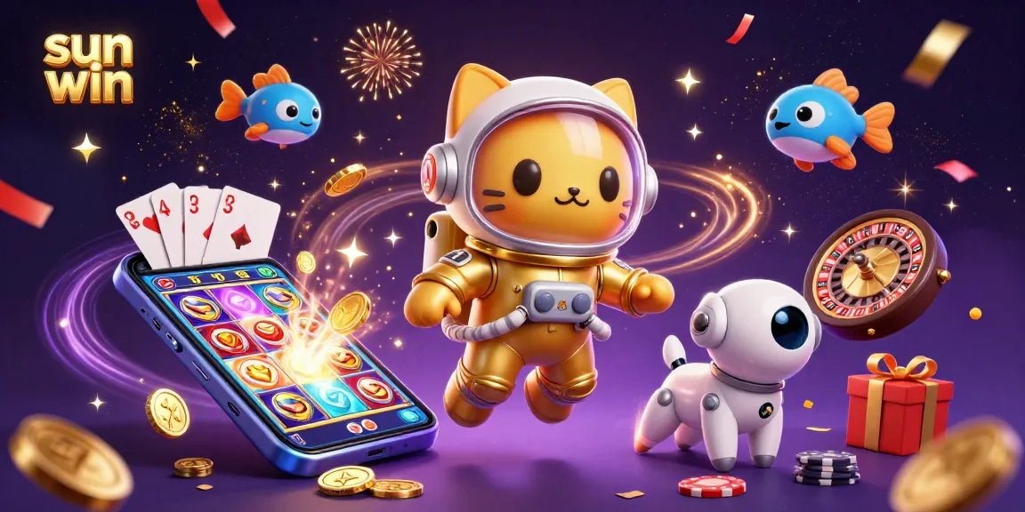 Win big with sun win in this vibrant 3D casino scene featuring playful characters and exciting games.
