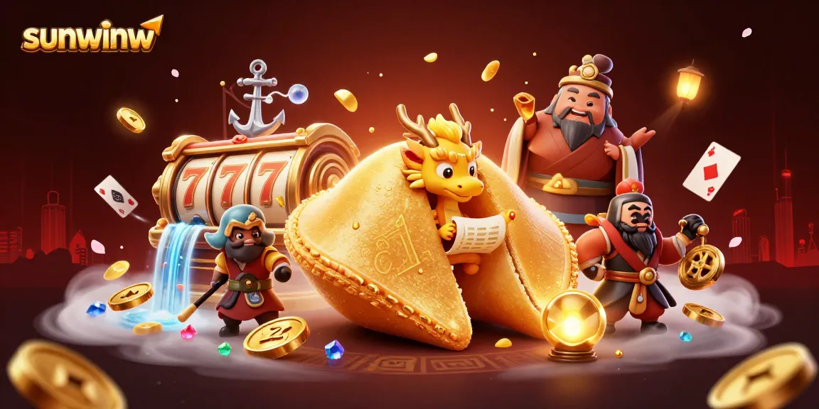 Spin and win with sunwinw's vibrant casino scene featuring golden treasures and whimsical characters.