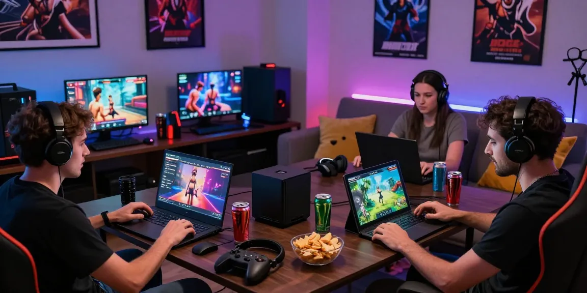 Exciting group of adults playing a porn game online in a cozy gaming room, immersed in 3D and fantasy adventures.