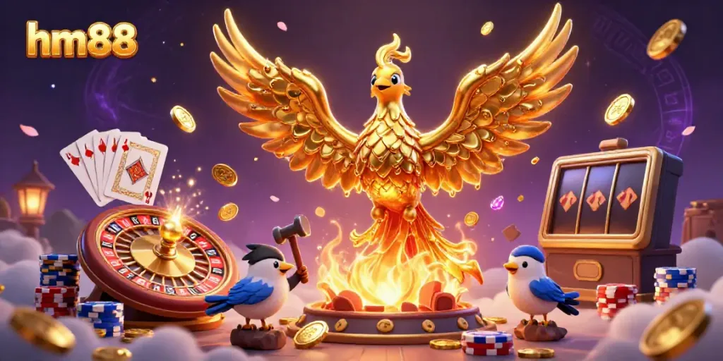 Experience the thrill of hm88 with a dazzling 3D phoenix and cascading golden coins in a vibrant casino scene.