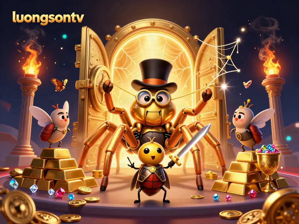 luongsontv showcases a thrilling scene with a golden tarantula, beetle knight, and treasure elements.