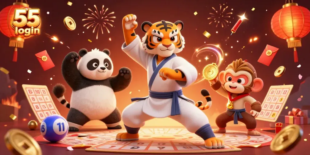 Experience the thrill of 55 lottery login with vibrant characters and festive elements in this 3D illustration.