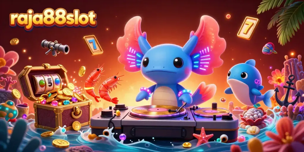 Engage with raja88slot's vibrant underwater casino scene featuring a lively DJ and floating slot reels.