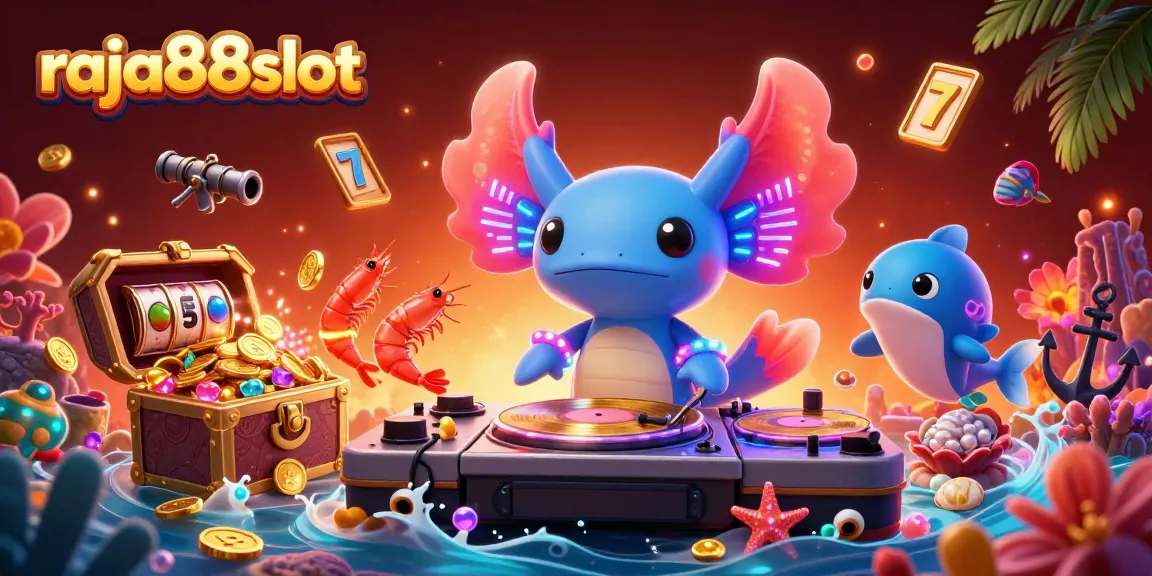 Engage with raja88slot's vibrant underwater casino scene featuring a lively DJ and floating slot reels.