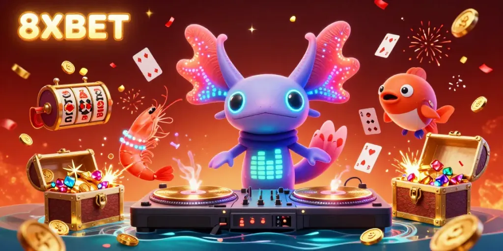 8XBET's dynamic casino experience captured in a vibrant underwater party scene of a DJ and dancing sea creatures.