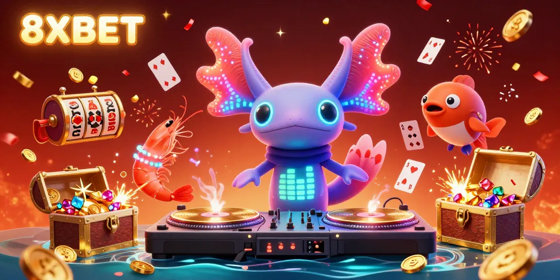 8XBET's dynamic casino experience captured in a vibrant underwater party scene of a DJ and dancing sea creatures.