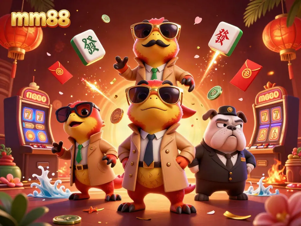 Join mm88 in a thrilling VIP casino scene featuring playful raptors and a vigilant bulldog bouncer.
