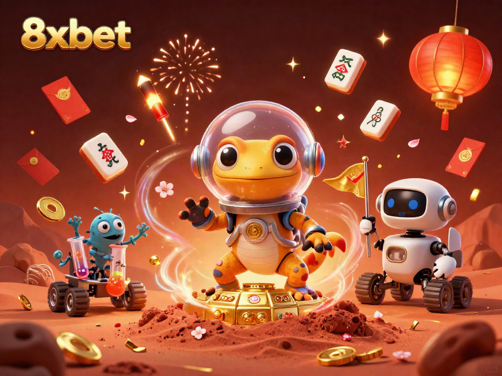 Experience the excitement of 8xbet with a Martian gecko uncovering a golden casino in a vibrant atmosphere.