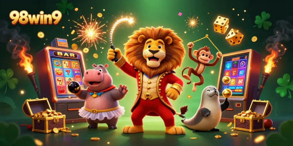 Engage in thrilling gameplay at 98win9 with lively cartoon characters, dynamic slot action, and a vibrant casino atmosphere.