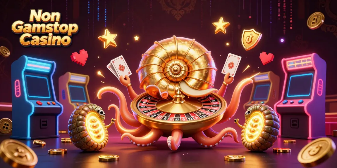 Engage with thrilling action at Non Gamstop Casino featuring a vibrant 3D scene with a giant nautilus roulette wheel and glowing game elements.