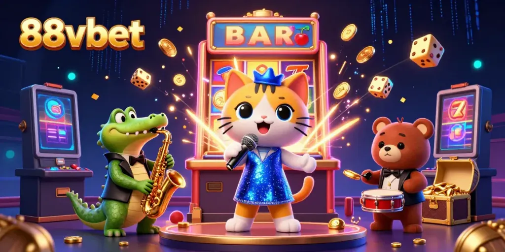 Experience the excitement of 88vbet with a vibrant cartoon casino scene filled with characters and game elements.