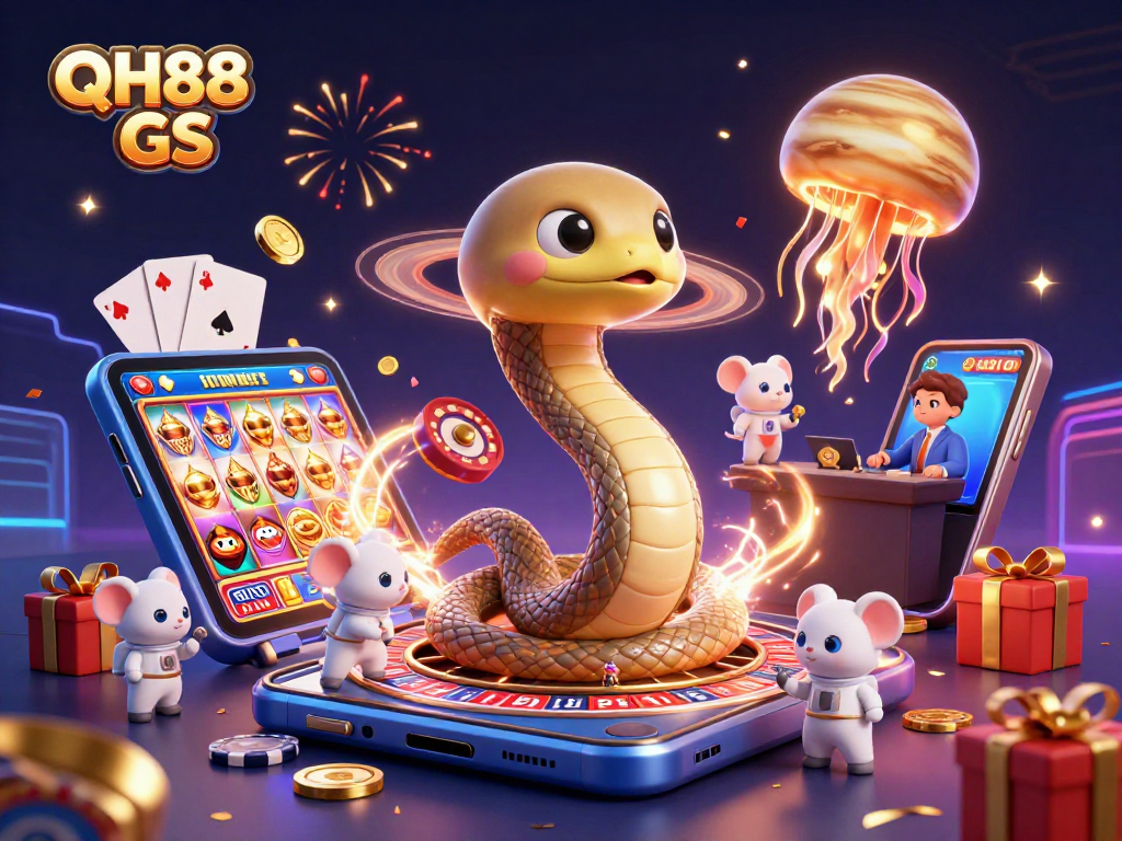 Engage with QH88 GS's vibrant cosmic casino scene featuring unique characters and gaming elements.