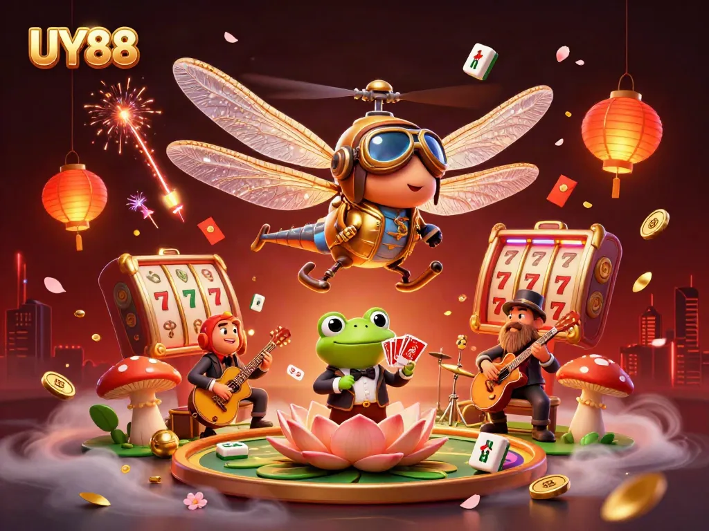 Experience the thrill of UY88 with vibrant casino elements and characters in an immersive scene.