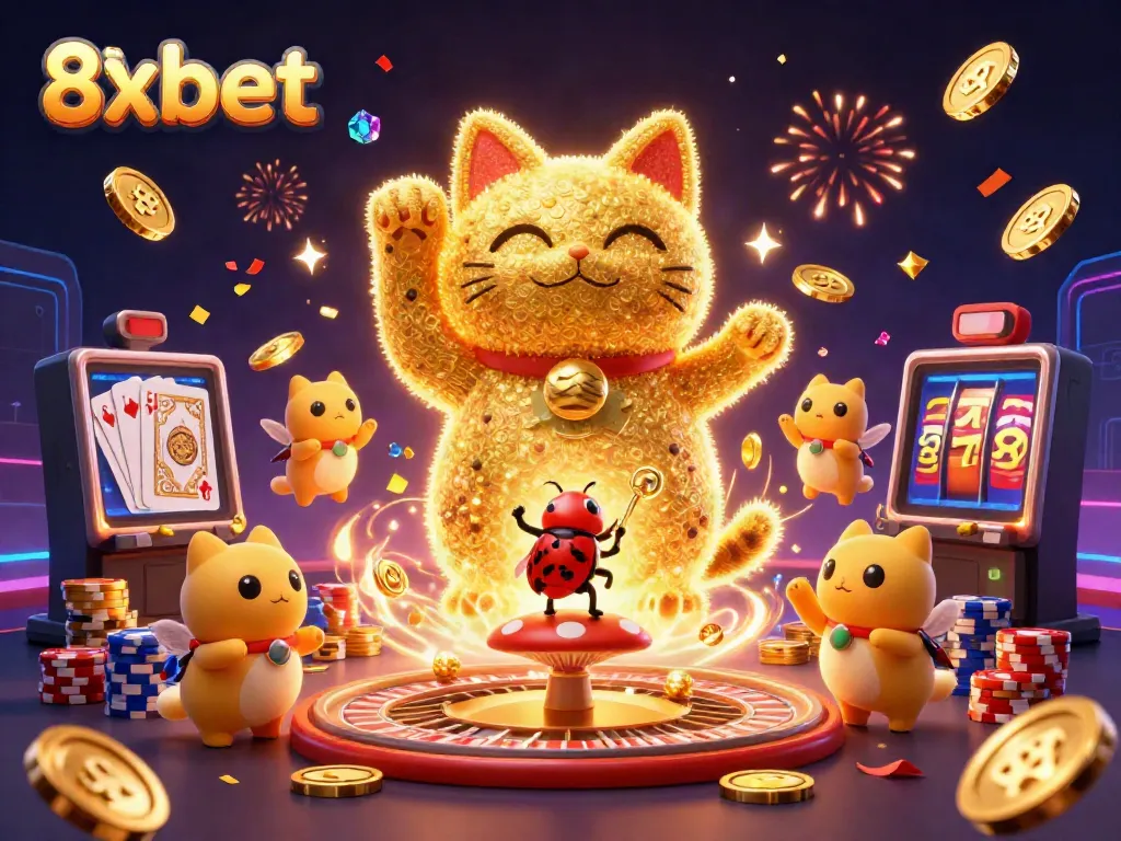 Engaging 3D illustration of a giant lucky cat formed by fireflies, celebrating the spirit of 8xbet casinos.