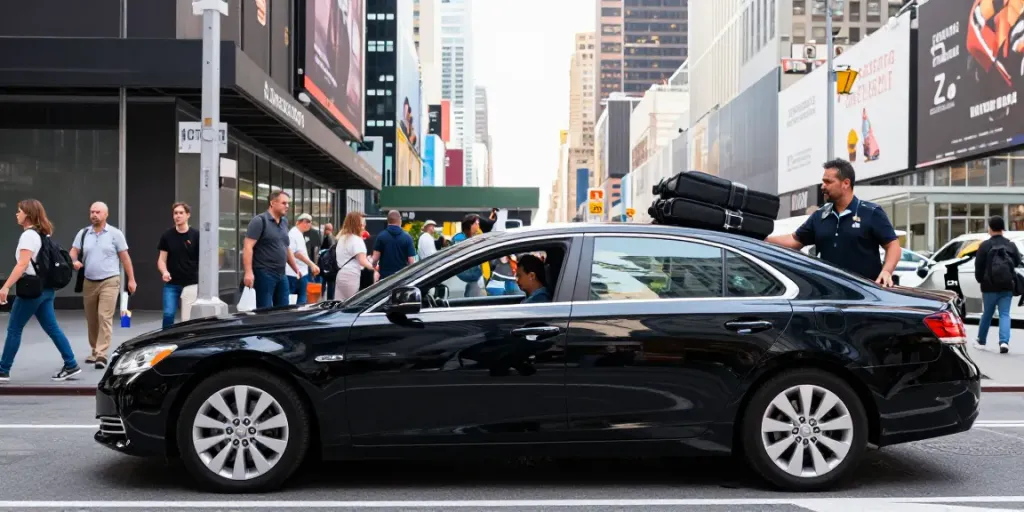 Luxury black car service NYC with professional driver assisting passengers in an urban setting.