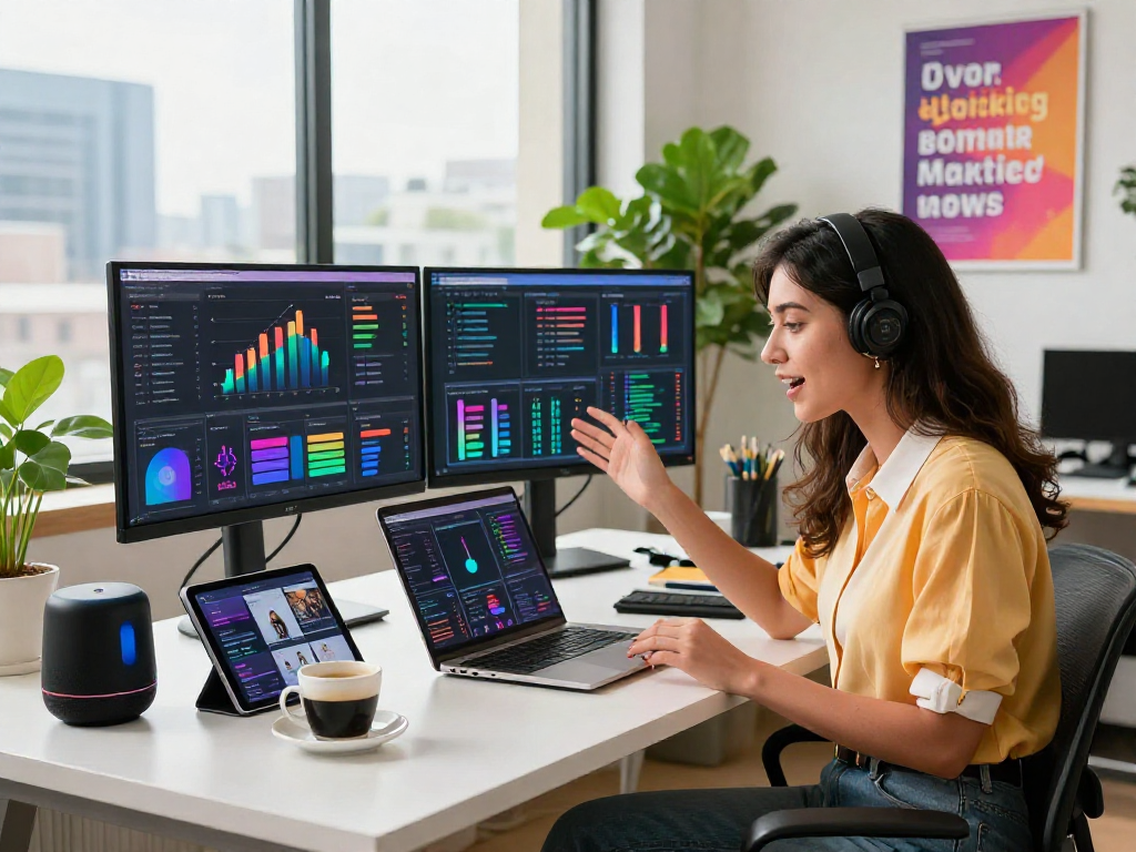 Engaging AI marketing workspace with a young woman discussing ai slut strategies, surrounded by colorful analytics and a city skyline backdrop.