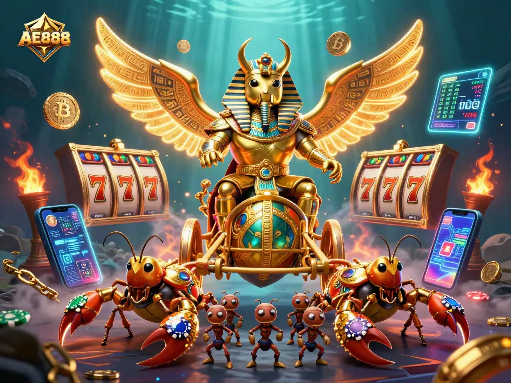 Engage with AE888's thrilling betting experience amidst a dynamic illustration of casino elements and games.