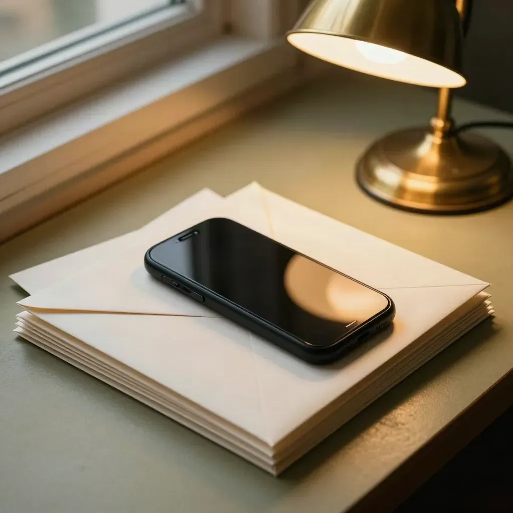 Sealed envelopes, a face-down phone and a glowing lamp on a dark stone outreach station.