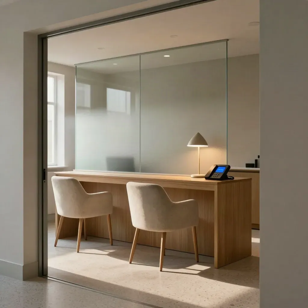 Empty West London clinic reception with chairs, frosted glass, lamp and glowing phone cradle