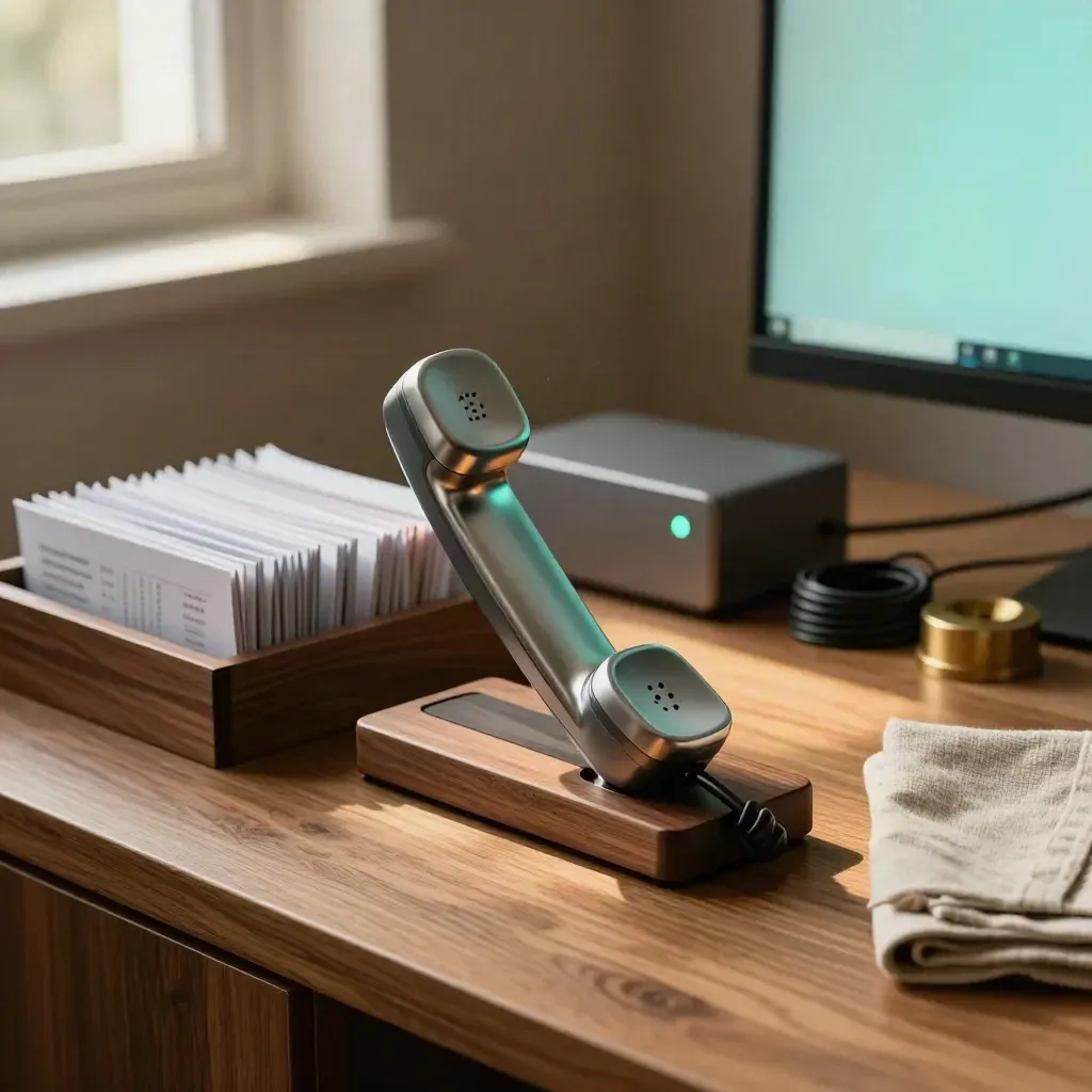 Empty lead-gen desk with handset, monitor glow, and tidy tray in warm afternoon light