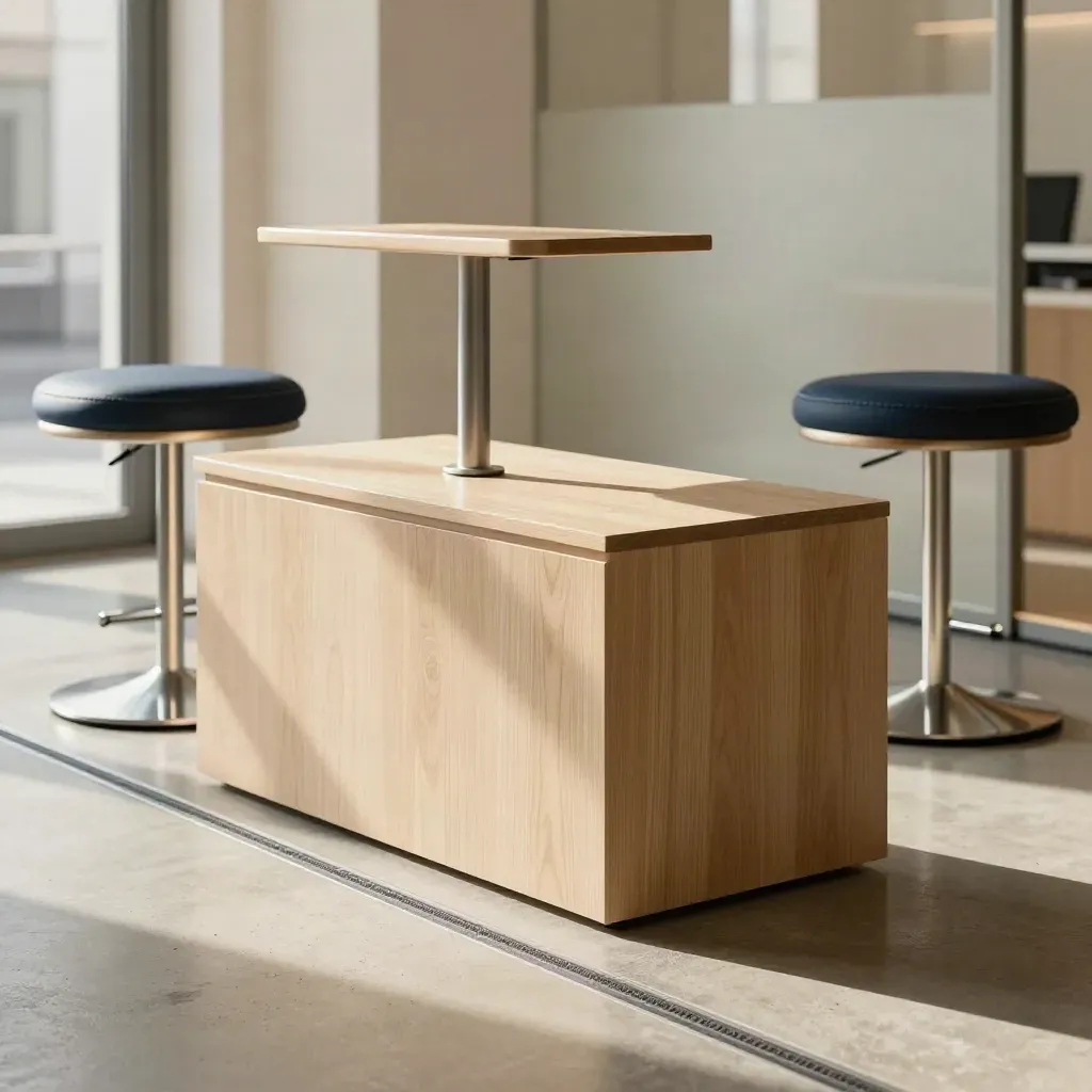Empty startup demo area with stools, a product plinth and open doorway in daylight.