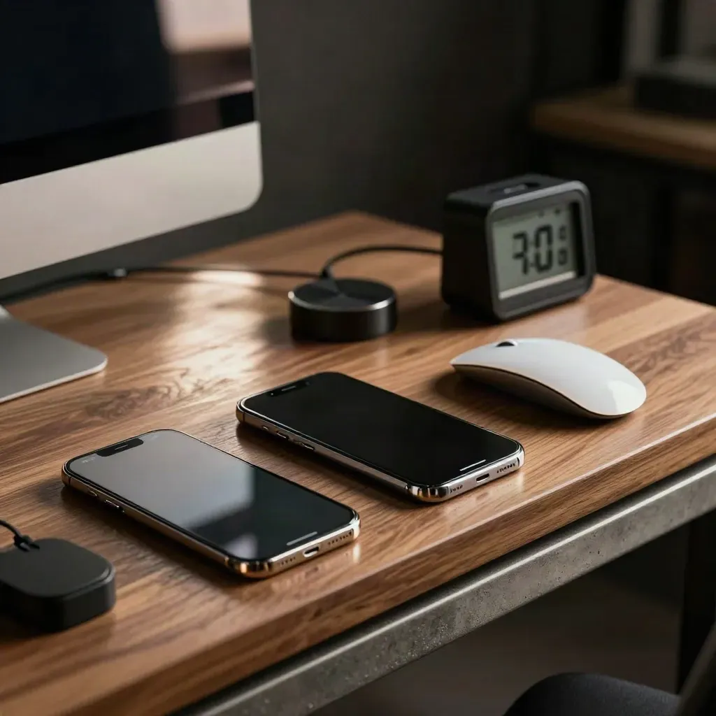 Paid-media toolkit with smartphones, mouse, timer and charging puck on walnut shelf under hard studio light