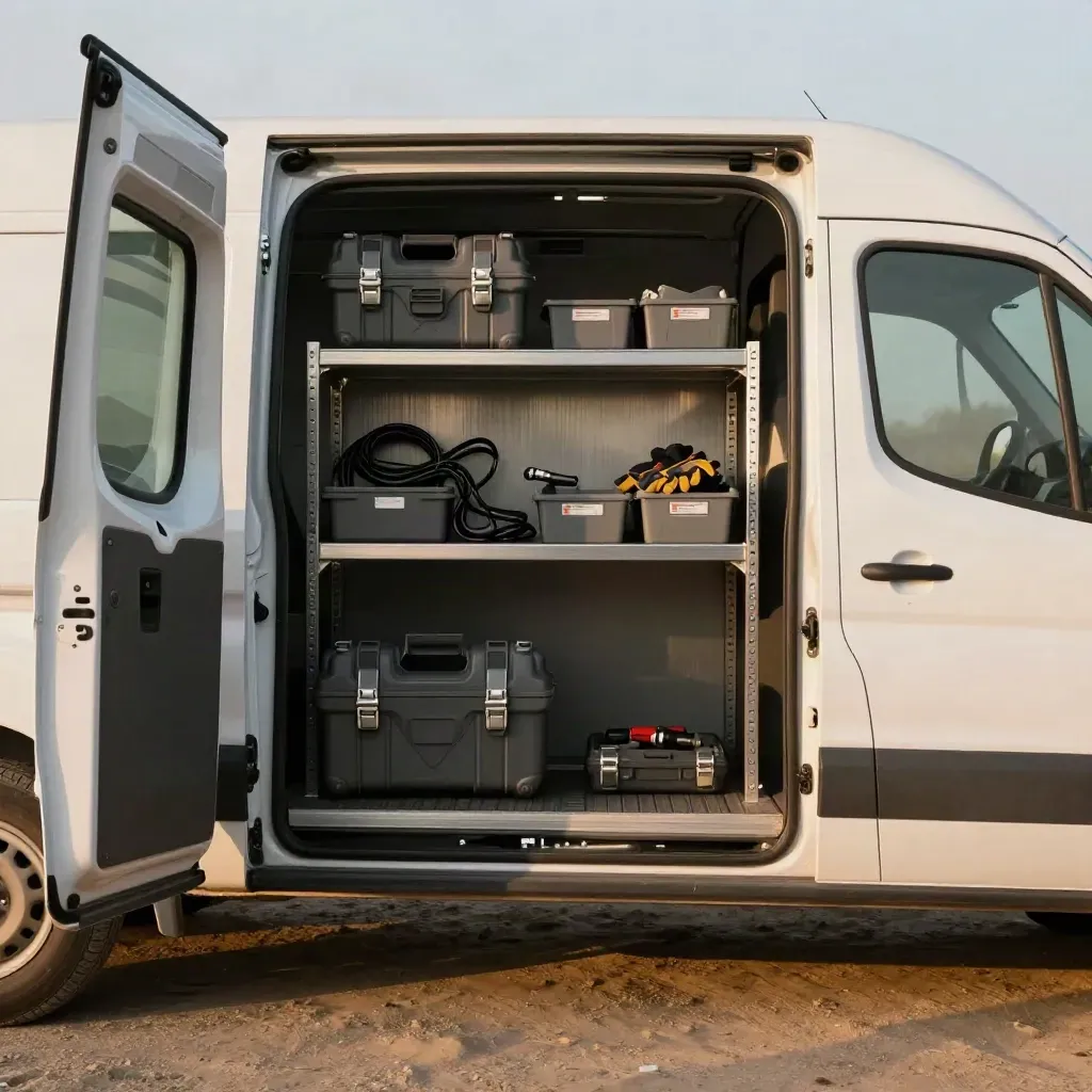Loaded trade van bay at dawn with tools, cases and misty light