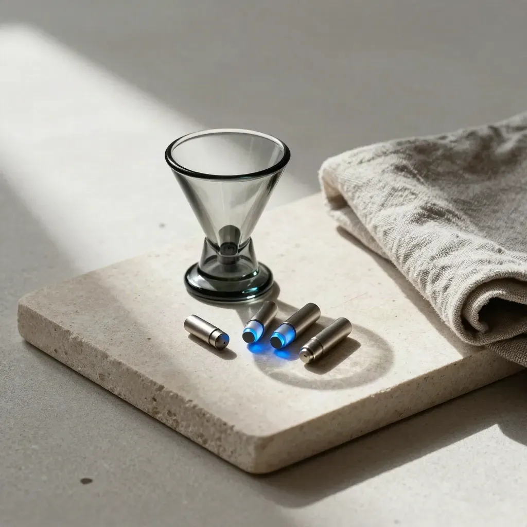Glass funnel weight, tracking chips and blue signal lights on a stone tray with a linen fold.