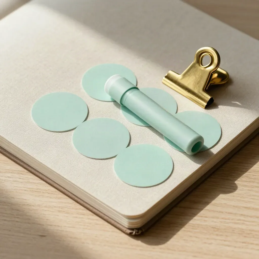 Overhead flatlay of a closed notebook, brass clip and mint markers on pale ash wood
