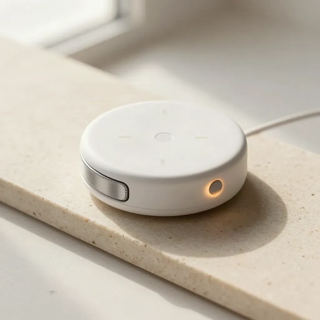 Macro still life of a launch timer, notification puck and two white markers on warm stone
