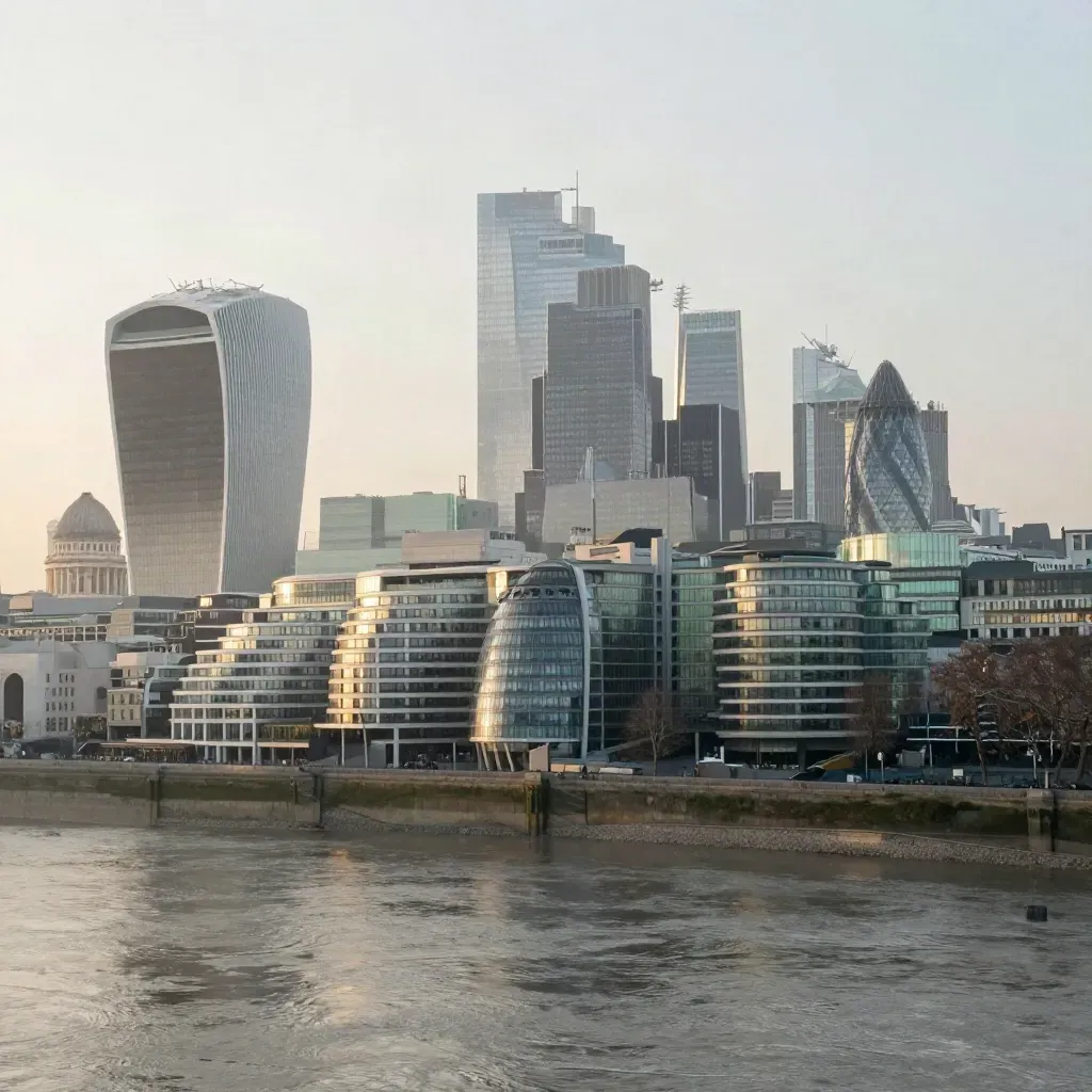 London skyline over the Thames in dawn haze with calm open water below