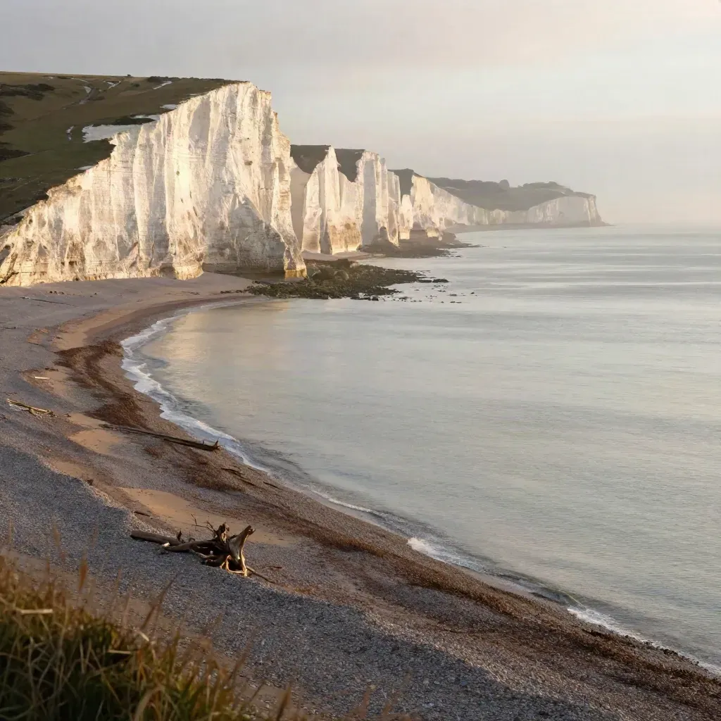 Golden-hour Brighton cliffs above a calm sea plain and hazy shoreline.