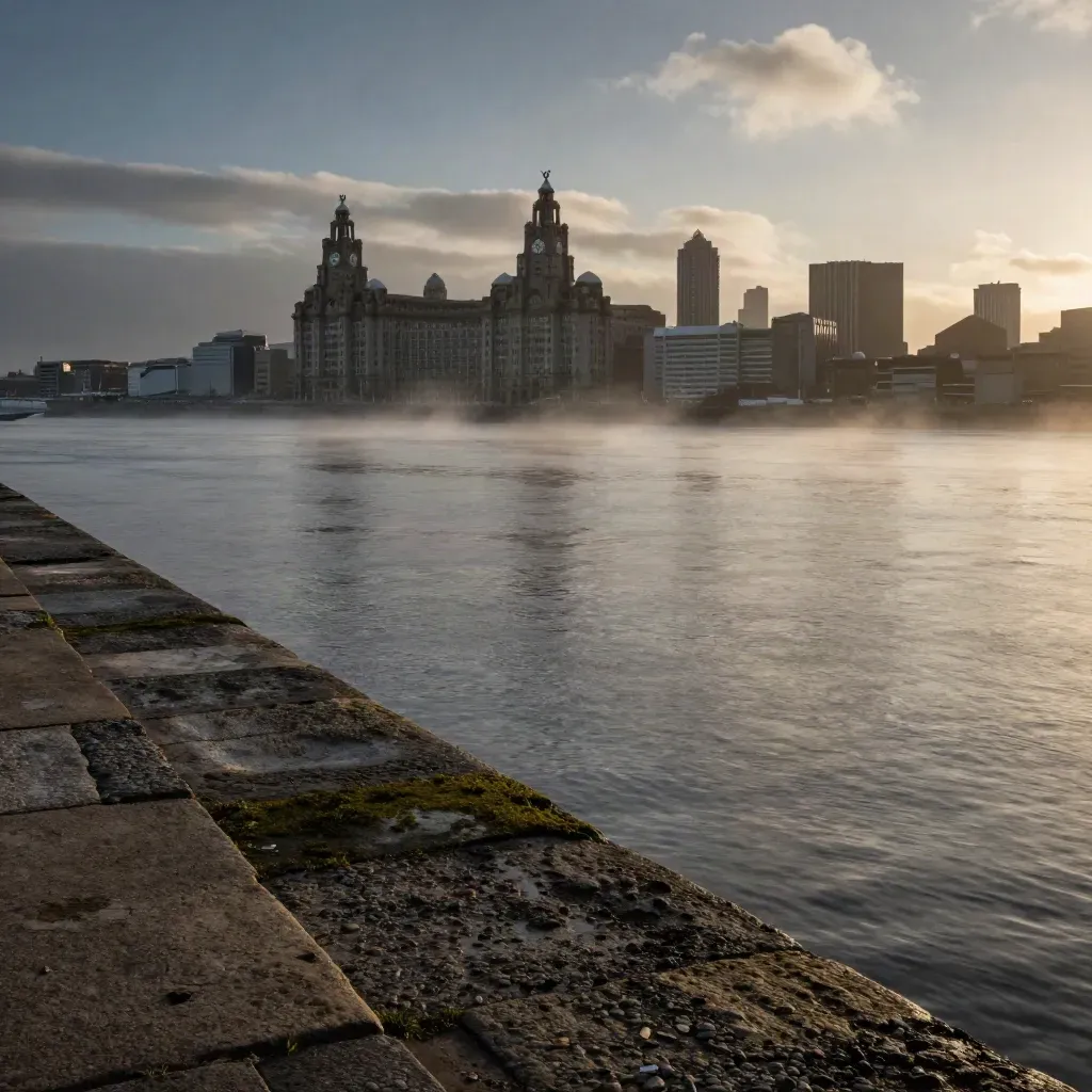 Liverpool waterfront skyline over a hazy grey river at golden hour