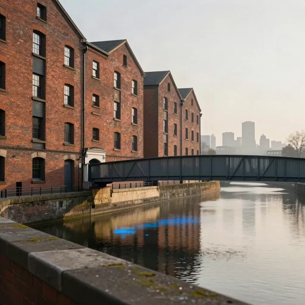 Warm West Midlands canal scene with brick, steel and distant Birmingham skyline in soft mist.