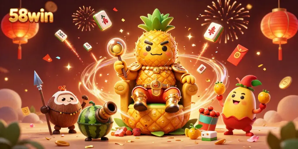 Engage with the vibrant betting excitement at 58win featuring a golden pineapple king and festive casino elements.
