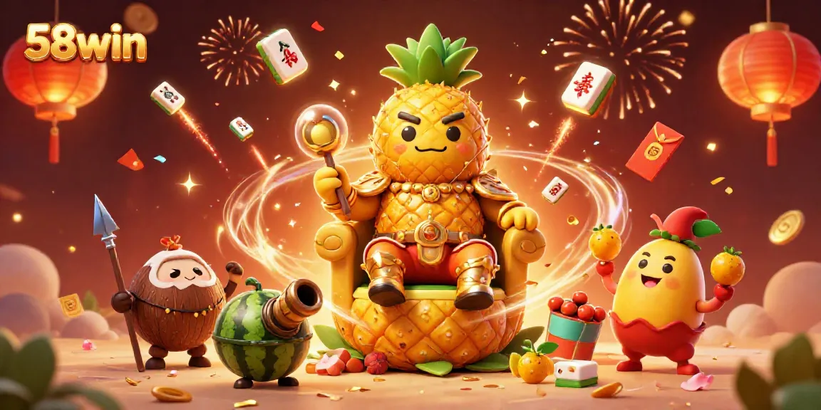 Engage with the vibrant betting excitement at 58win featuring a golden pineapple king and festive casino elements.