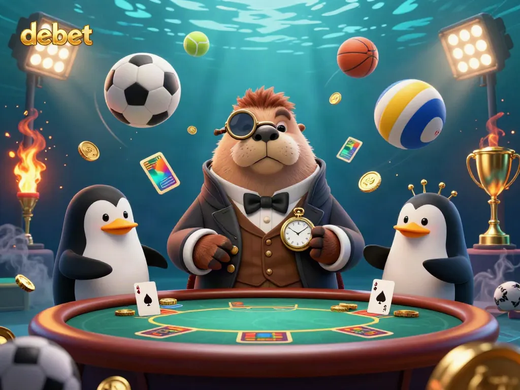 Experience the vibrant action of debet with a walrus at a poker table, showcasing thrilling gambling energy.