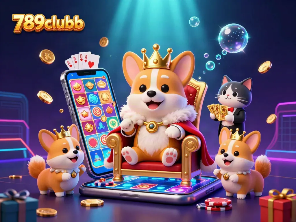 Engage with 789clubb in this vibrant 3D casino scene featuring a royal corgi surrounded by gaming elements.